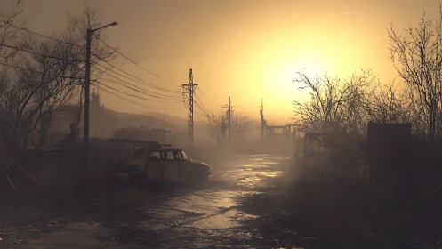 Lonely country road glows softly under a hazy golden sunrise