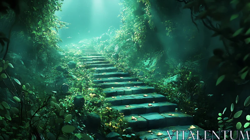 Luminous stone stairway ascending through enchanted forest.