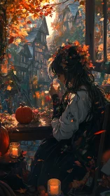 Autumn girl by window with pumpkins and village view.
