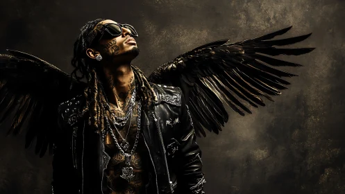 Winged urban icon in dark leather and metallic light.