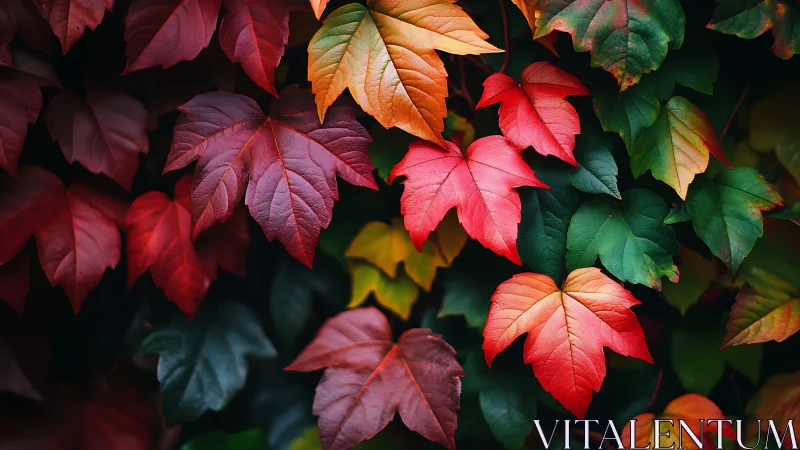 Macro study of multicolored ivy foliage in autumn transition