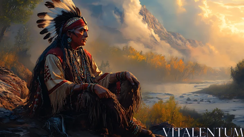 Elder in feathered headdress contemplates misty river valley.