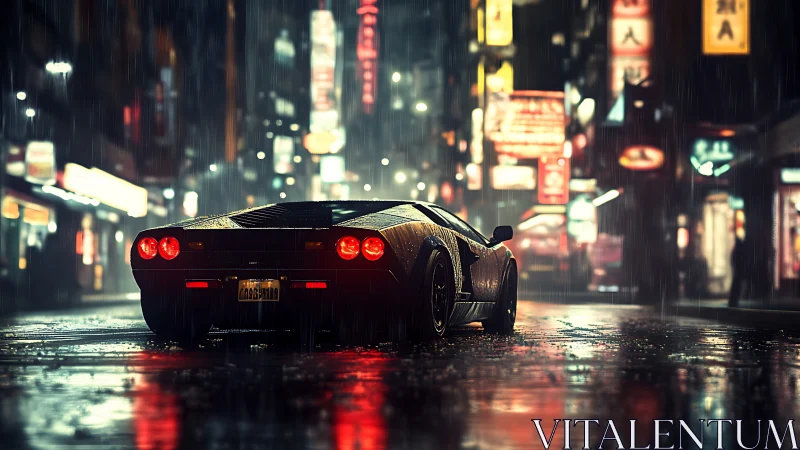 Sports car on wet neon city street at night in rainfall.