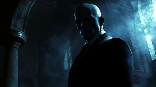 Bald suited figure stands in low key light within stone hall