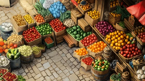 Sunlit market stalls overflow with vivid fresh produce.