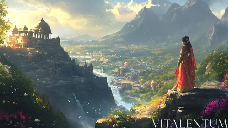 Woman in red sari surveys sunlit palace valley from cliff