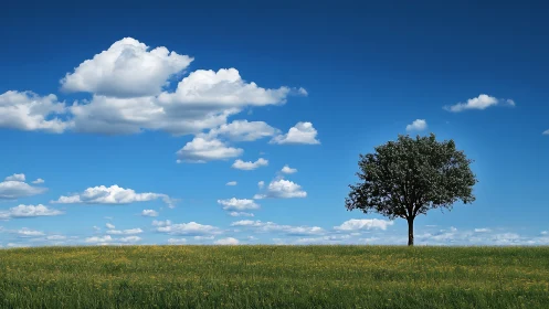 Lone tree on grassy field under vibrant blue sky with clouds.