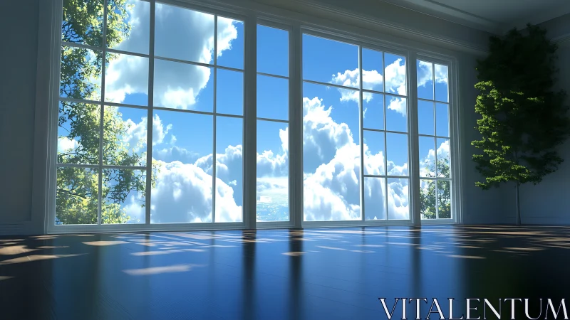 Sunlit empty room overlooks bright clouds through tall windows