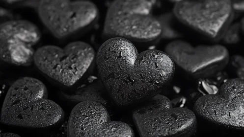 Multiple glossy heart-shaped charcoal forms in monochrome field.