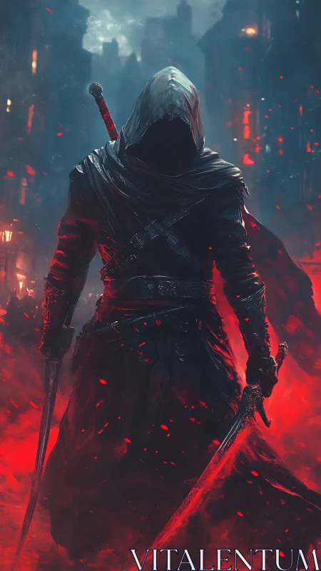 Hooded rogue strides through burning fog in neon red gloom.