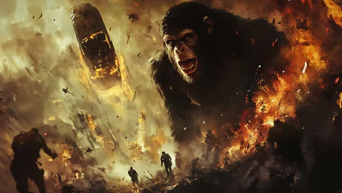 Giant raging ape towers over burning battlefield in chaos