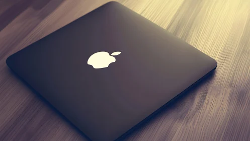 Closed laptop with glowing logo on wooden desk surface.