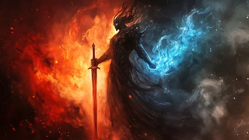 Elemental warrior silhouette channels opposing fire and ice energies
