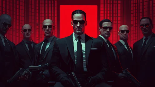 Suited enforcers guard a neon-red underworld throne room.