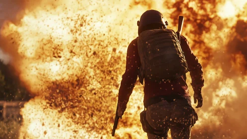 Soldier in tactical gear standing against massive fiery explosions and debris clouds.