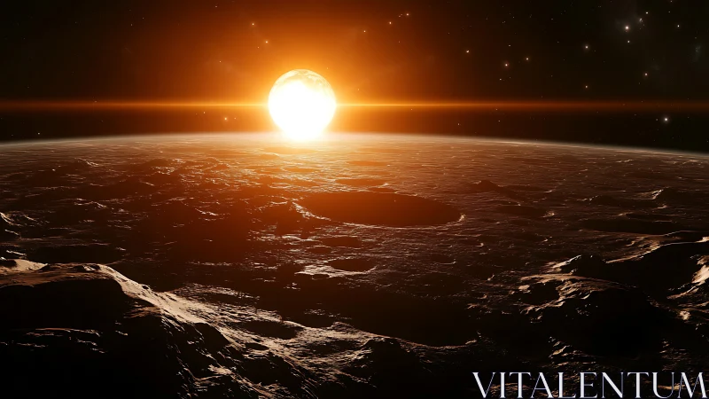 Fiery alien sunrise ignites a barren cratered planet