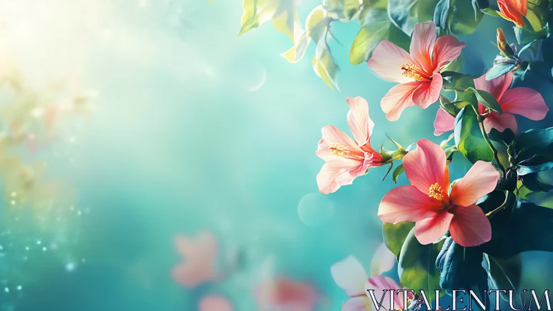 Blooming tropical hibiscus flowers in soft turquoise light