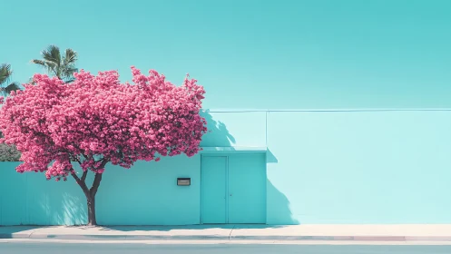 Vibrant pink blossom tree against minimalist cyan facade.