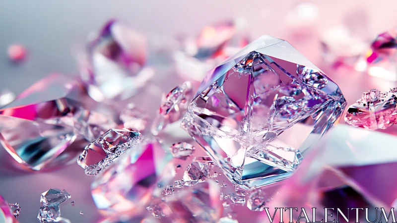 Faceted crystal fragments on reflective pink surface.