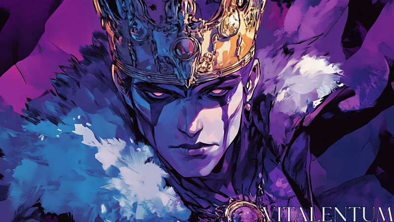 Crowned shadow monarch bathed in stormlit violet firestorm.