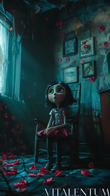 Melancholic girl in decayed room under teal window light.