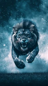 Roaring lion mid-leap in dramatic blue night scene.