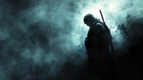 Solitary soldier silhouette in dense battlefield smoke.