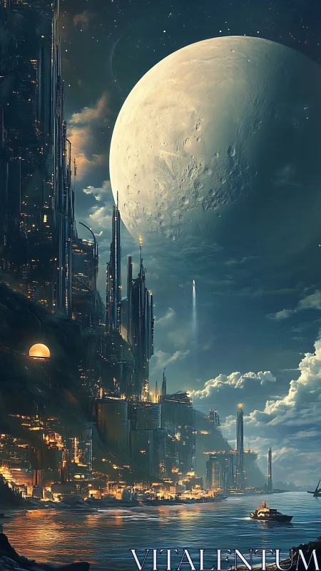 Moonlit megacity leans into the sea while rockets stitch sky