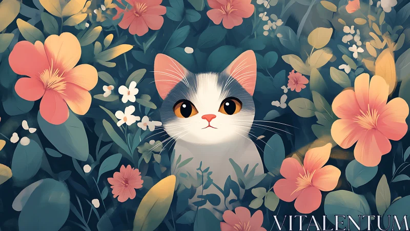 Whisker-Adorned Feline Blooms Within Enchanted Floral Gardens