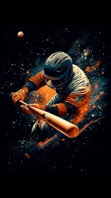 Cosmic baseball hitter swinging through stardust and fire.