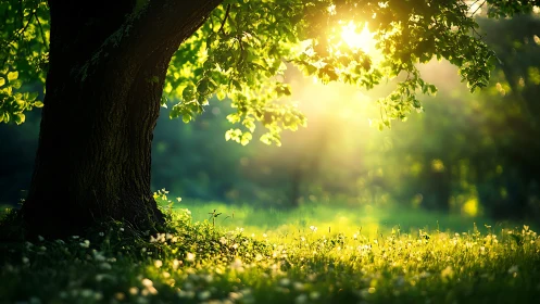 Backlit deciduous tree with volumetric dawn illumination field.