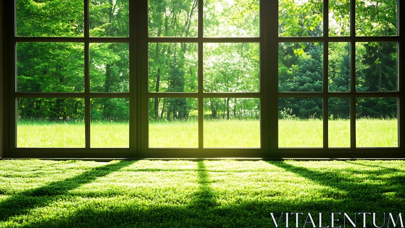 Large grid window overlooking sunlit grass and trees.