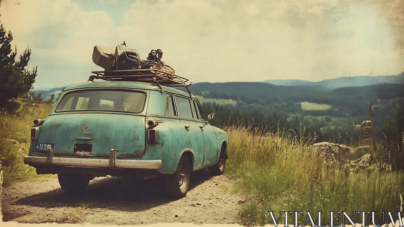 Aged turquoise station wagon on rural ridge road at rest.