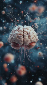 Floating biological brain cluster with neural filaments in space