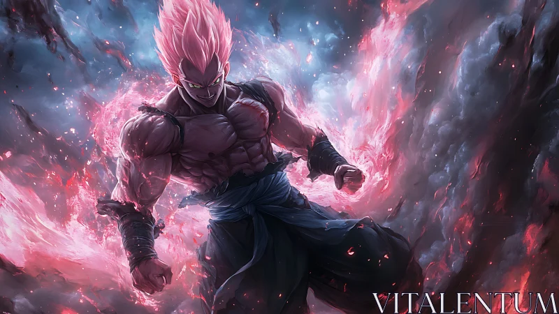 Muscular pink-haired warrior channels volatile crimson plasma aura