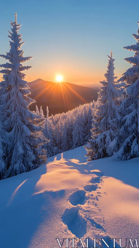 Sunrise illuminates snowy conifer trail in alpine valley