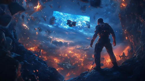 Exosuit observer above hyperspatial debris vortex gateway.