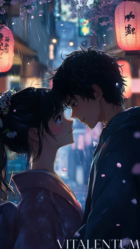Rain-soaked anime couple framed by lantern bokeh and sakura petals