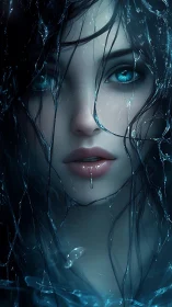 Bioluminescent water spirit portrait with dripping liquid details