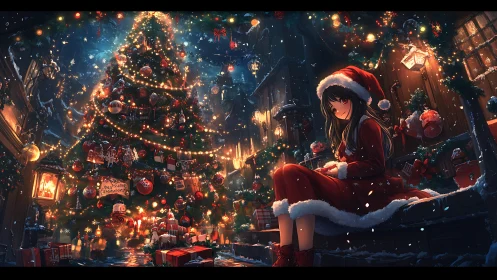 Anime Christmas street scene renders festive lighting depth