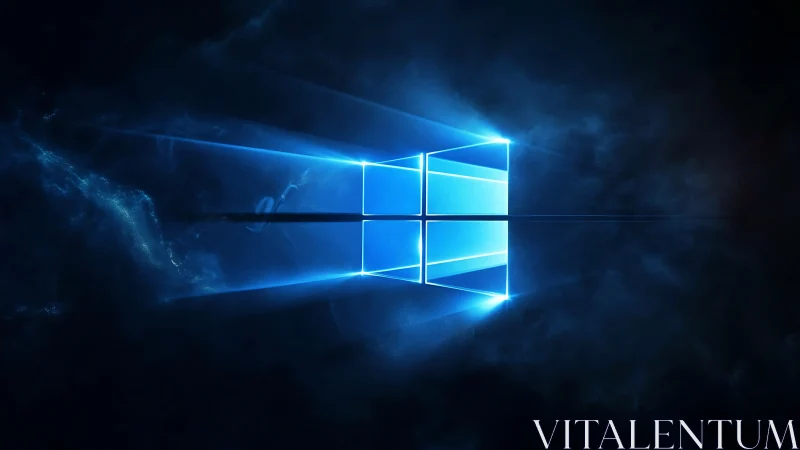 Backlit glass window logo emits volumetric blue light beams in fog