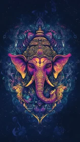 Vibrant ornate elephant deity in cosmic mandala frame.