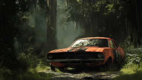 Rusted muscle car decays in dense overgrown rainforest corridor