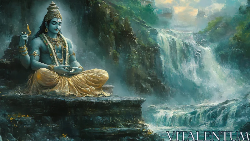 Serene blue deity meditating near layered mountain falls.