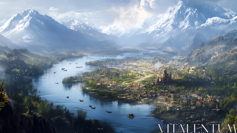 River valley city extends between snow-covered mountain ranges