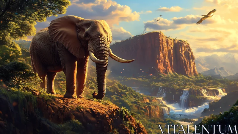 Majestic African elephant on cliff above multi-tier waterfalls
