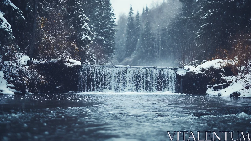 Snowfall over forest waterfall and quiet winter river.
