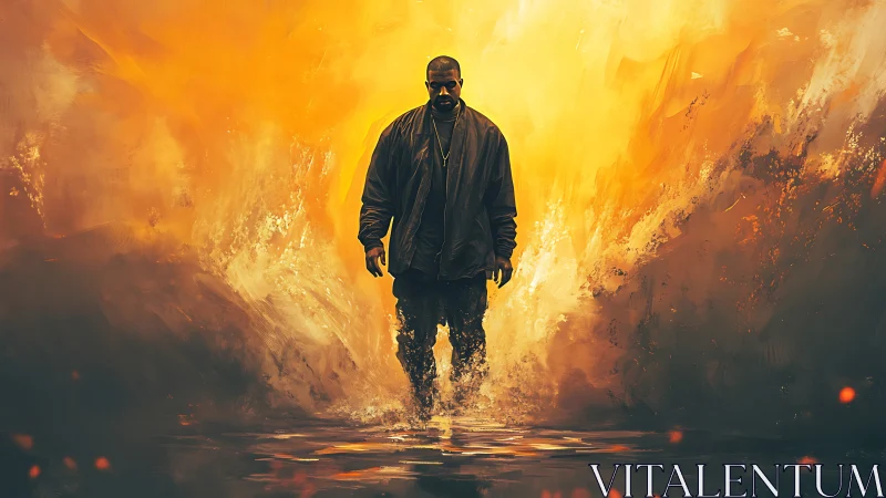 Lone figure walks through glowing storm of golden light.