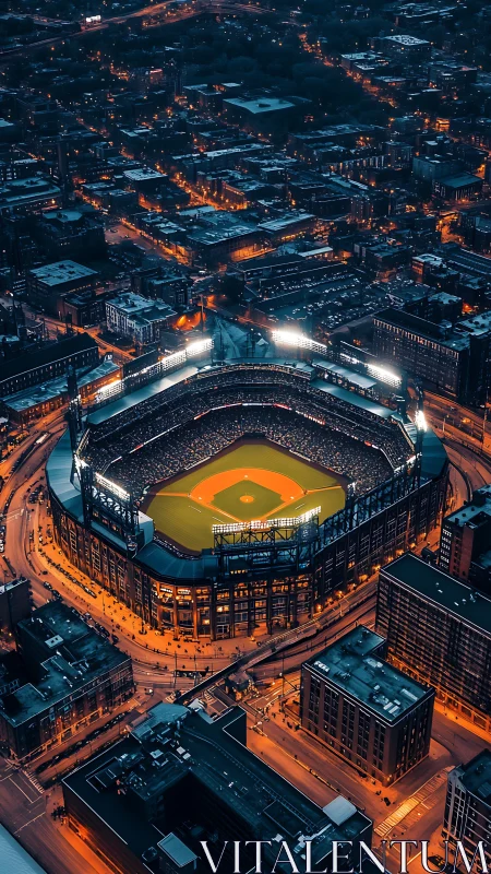 Night baseball stadium glows within dense urban skyline.
