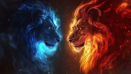 Dual Lion Profiles: Blue Celestial and Red Infernal Contrast Study